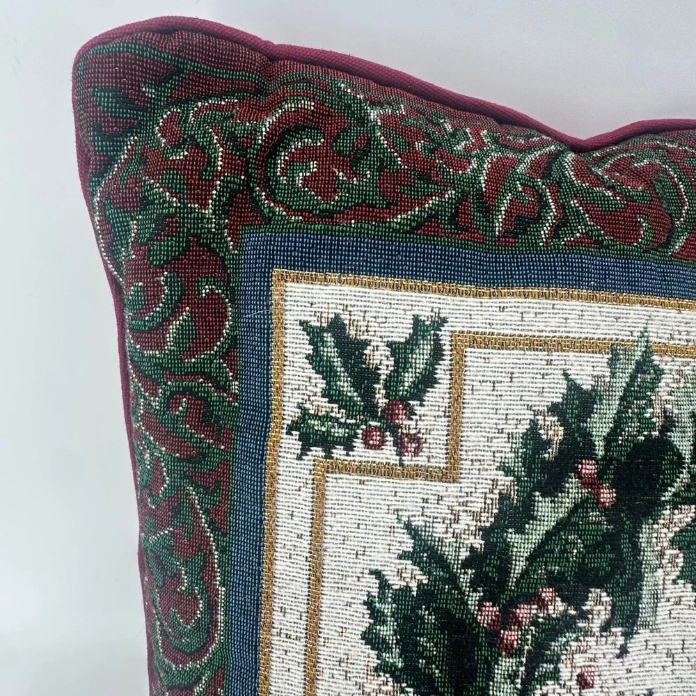 Vintage Christmas Wreath Tapestry Throw Pillow Holly Berry Blue Bow Red 16x16
